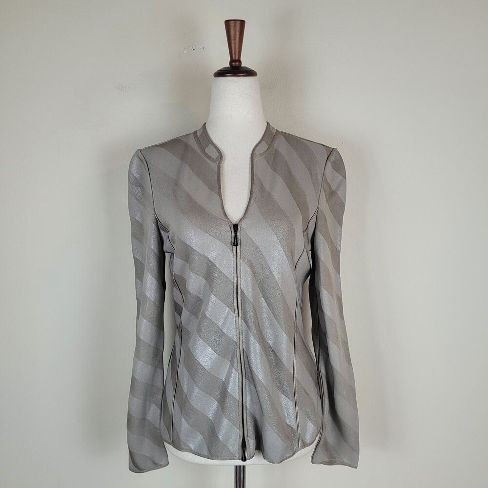 Giorgio Armani Jacket IT42 US6 Silver Gray Metallic Zip Stripes Old Money Luxury
